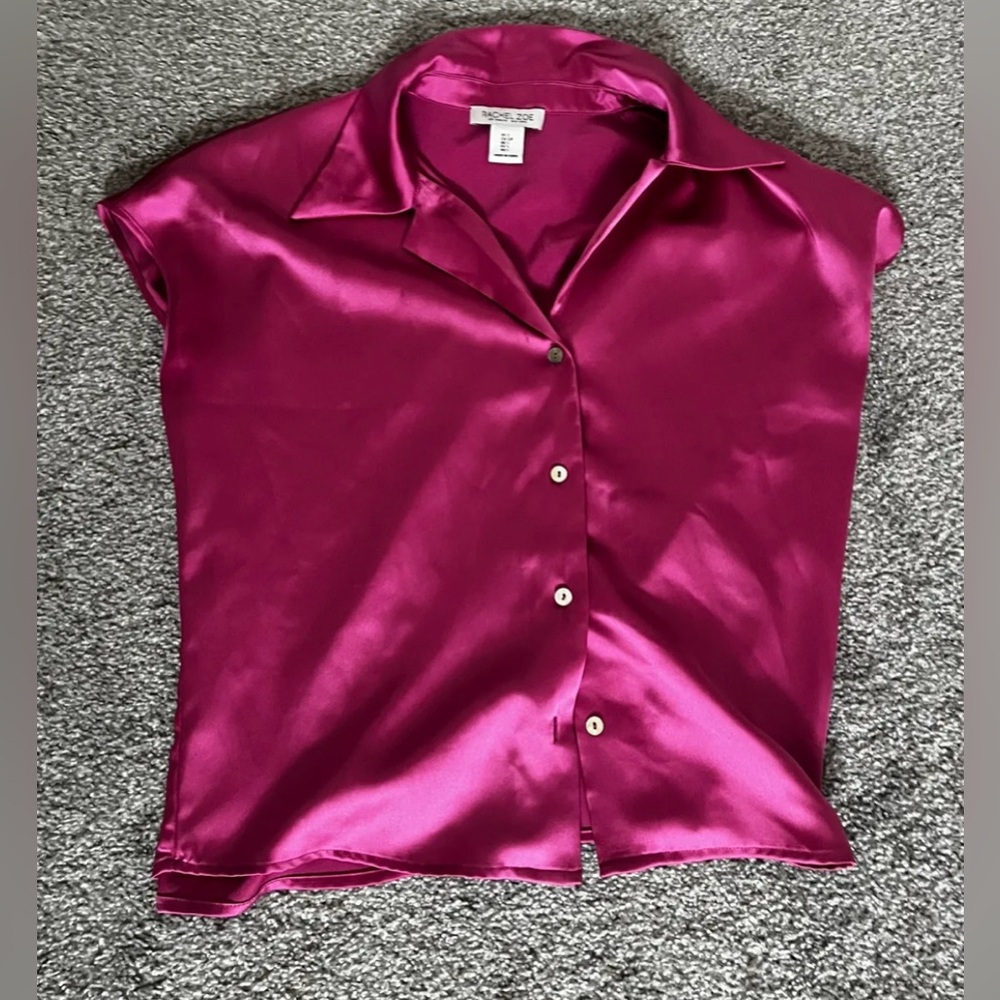 Pink satin collared button-up tank